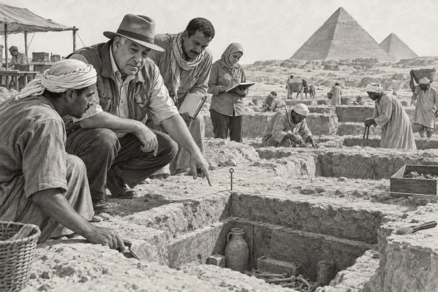 Documentation d’une zone de fouille à Gizeh — dessin photographique de reconstitution en noir et blanc