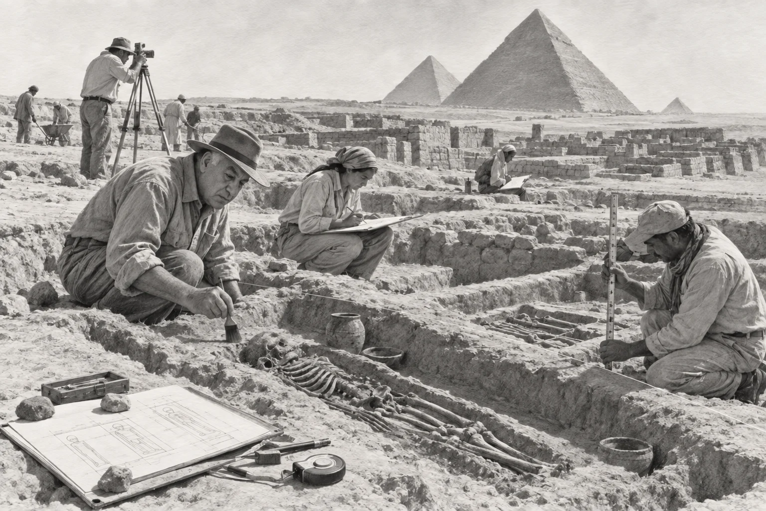 Travail collectif dans la nécropole des bâtisseurs — dessin photographique de reconstitution en noir et blanc