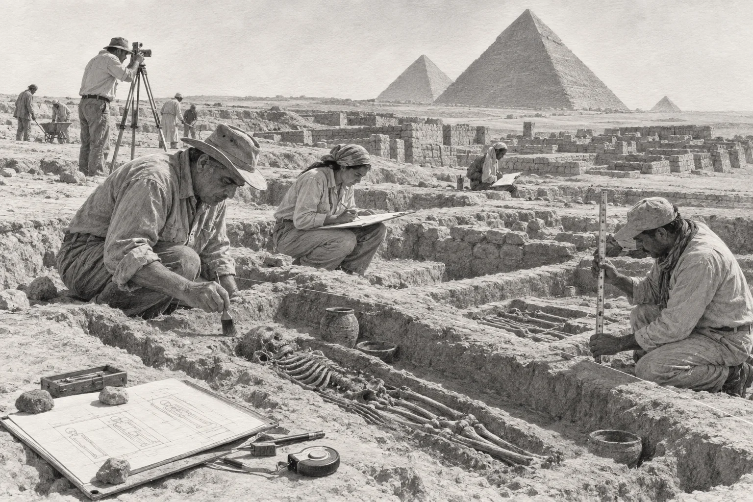 Travail collectif dans la nécropole des bâtisseurs — dessin photographique de reconstitution en noir et blanc
