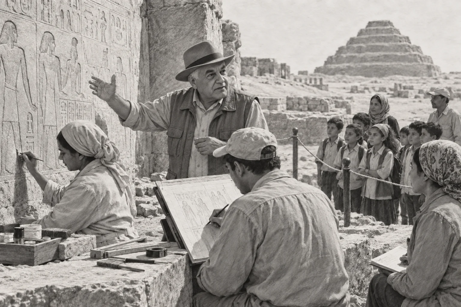 Conservation et présentation des sites au public égyptien — dessin photographique de reconstitution en noir et blanc