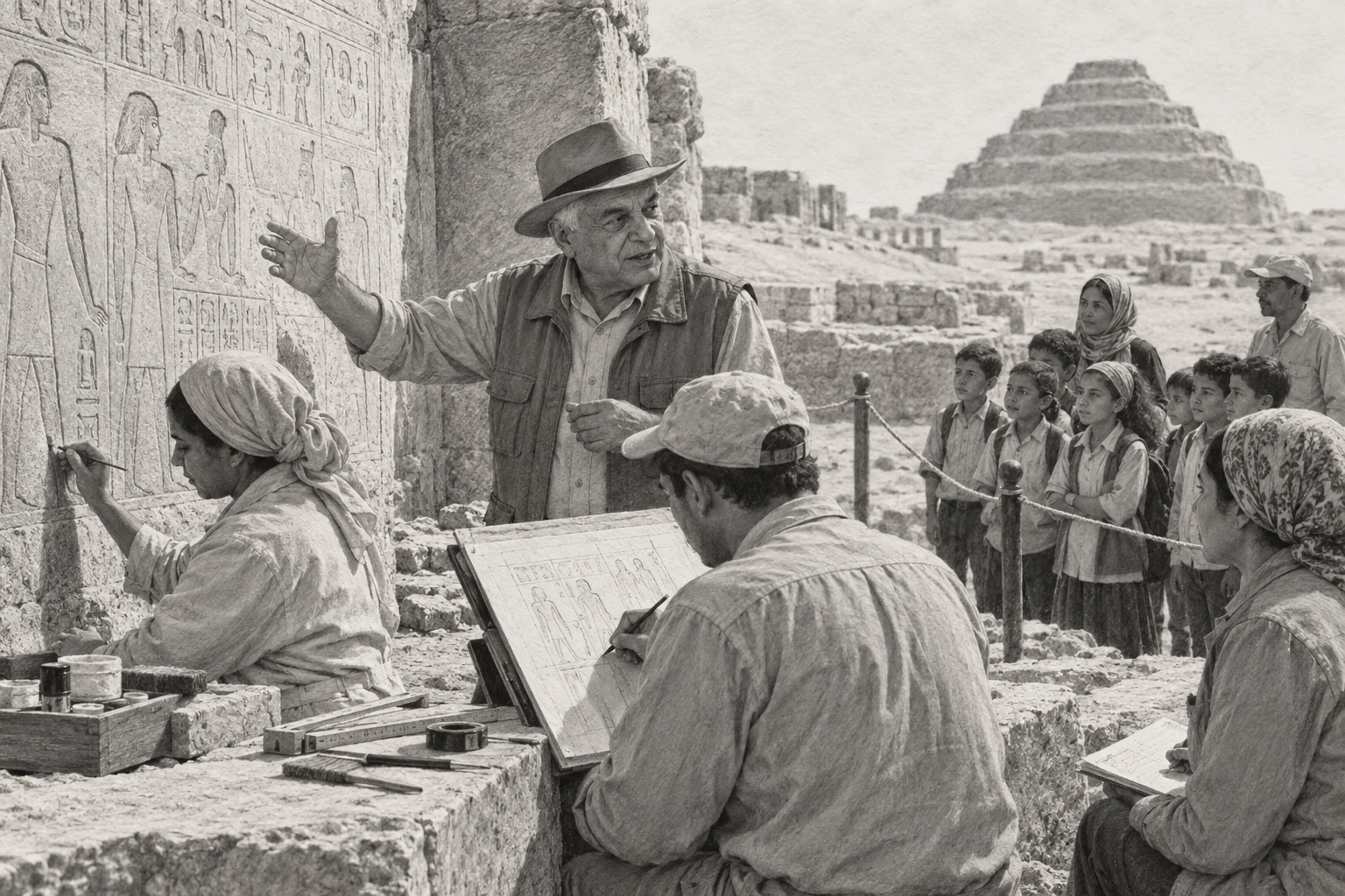 Conservation et présentation des sites au public égyptien — dessin photographique de reconstitution en noir et blanc