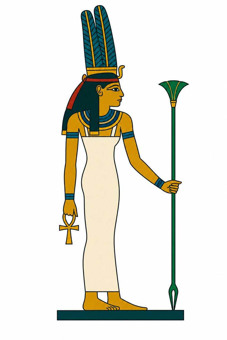 Anoukis en pied, coiffée de hautes plumes et tenant un sceptre de papyrus