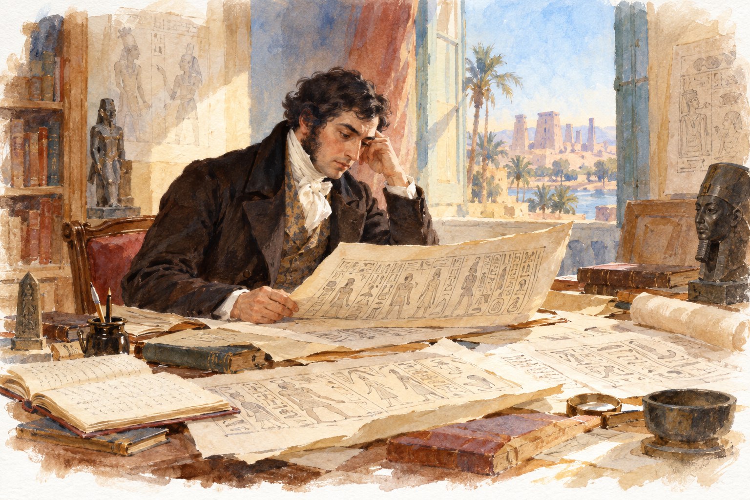 Aquarelle évoquant Champollion étudiant des copies d’inscriptions égyptiennes