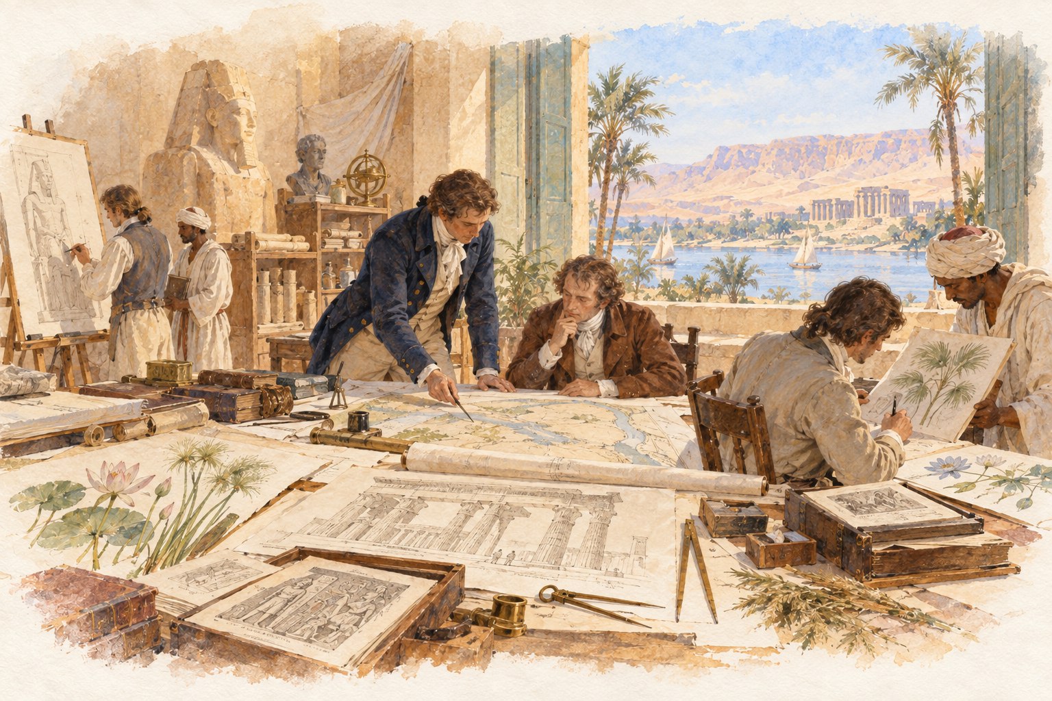 Aquarelle évoquant la préparation des planches de la Description de l’Égypte