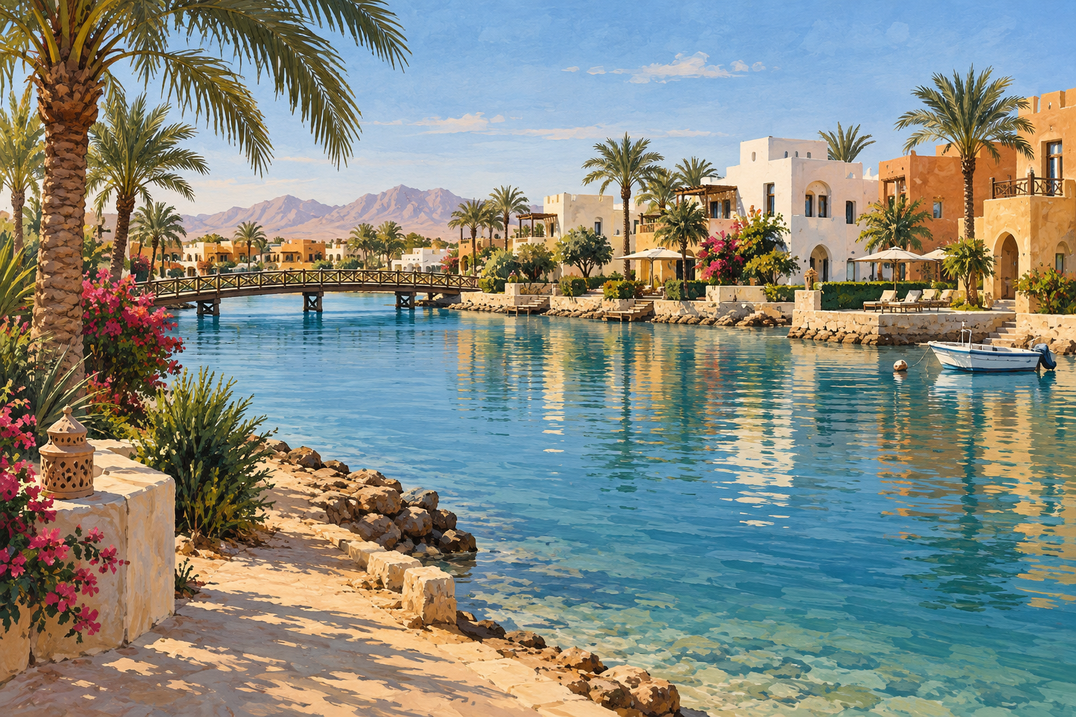 Évocation dessinée d’une lagune et d’une passerelle à El Gouna