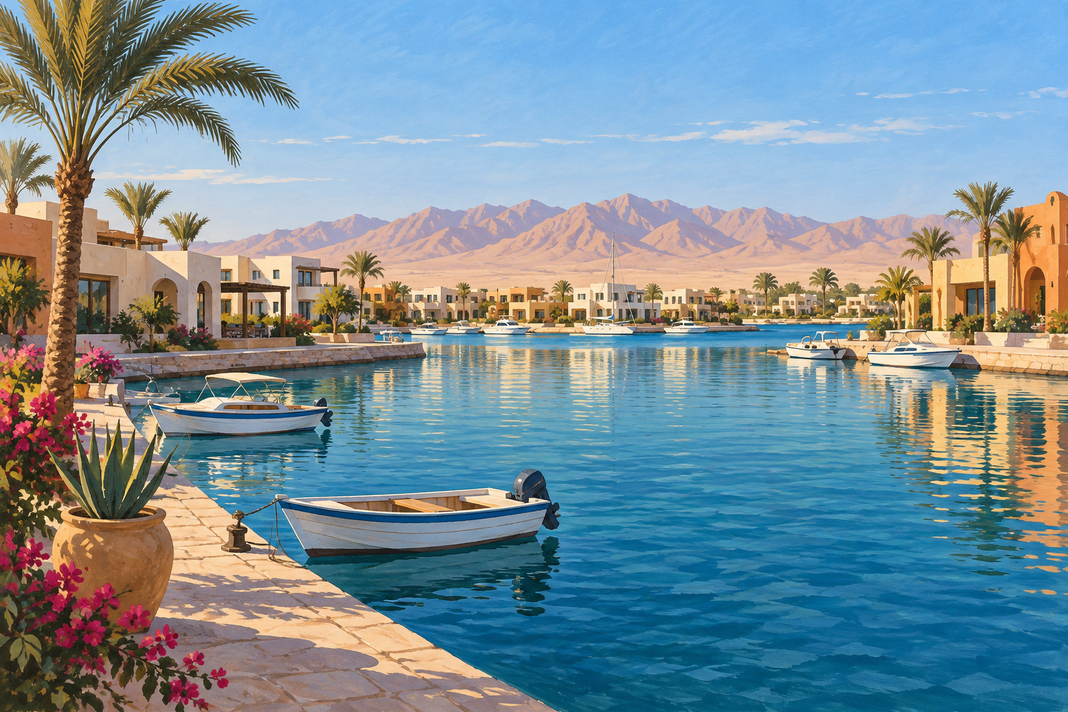 Évocation dessinée d’une marina et des montagnes près d’El Gouna