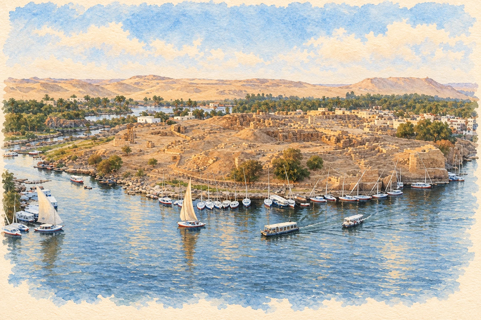 Aquarelle de la pointe sud d’Éléphantine aujourd’hui, avec les ruines du site archéologique et les bateaux sur le Nil.