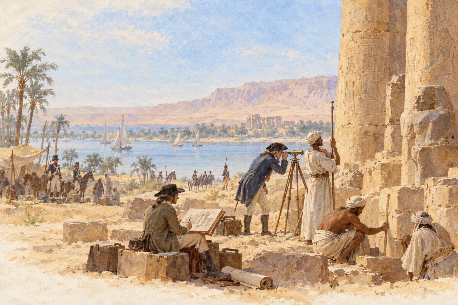 Aquarelle évoquant des relevés effectués pendant l’expédition française en Égypte