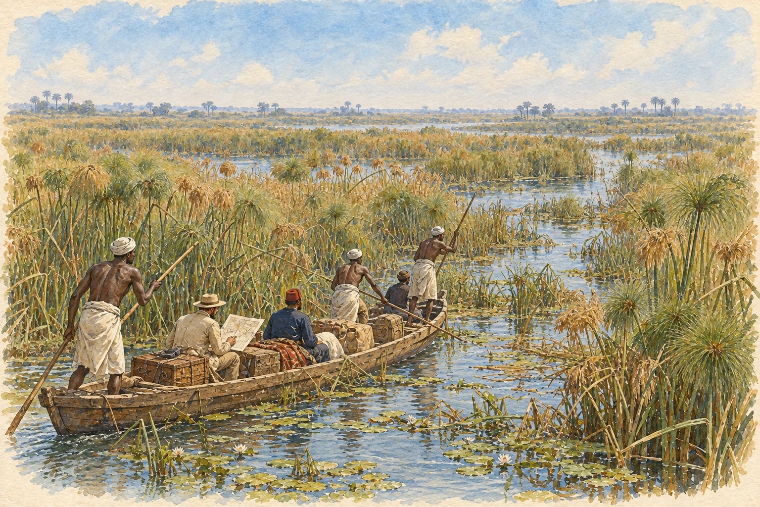 Aquarelle montrant des bateliers africains guidant une embarcation d’expédition à travers les papyrus du Sudd.