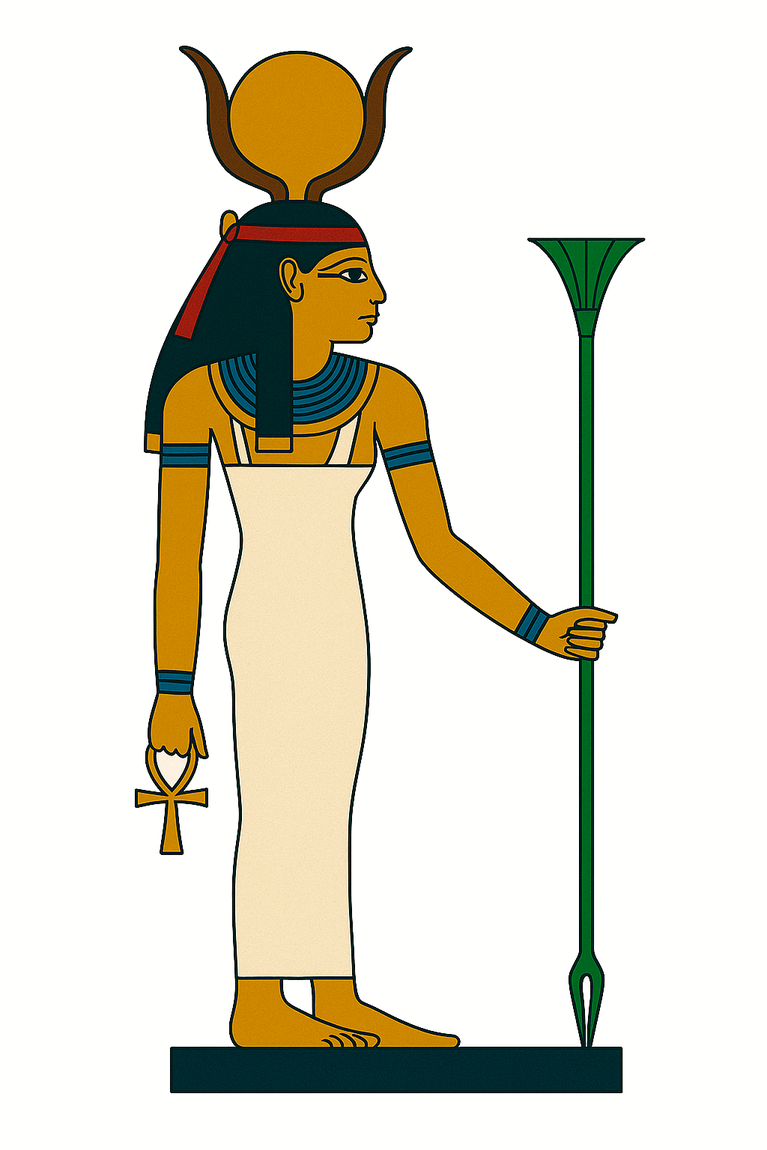 Hathor en pied, portant le disque solaire entre les cornes de vache