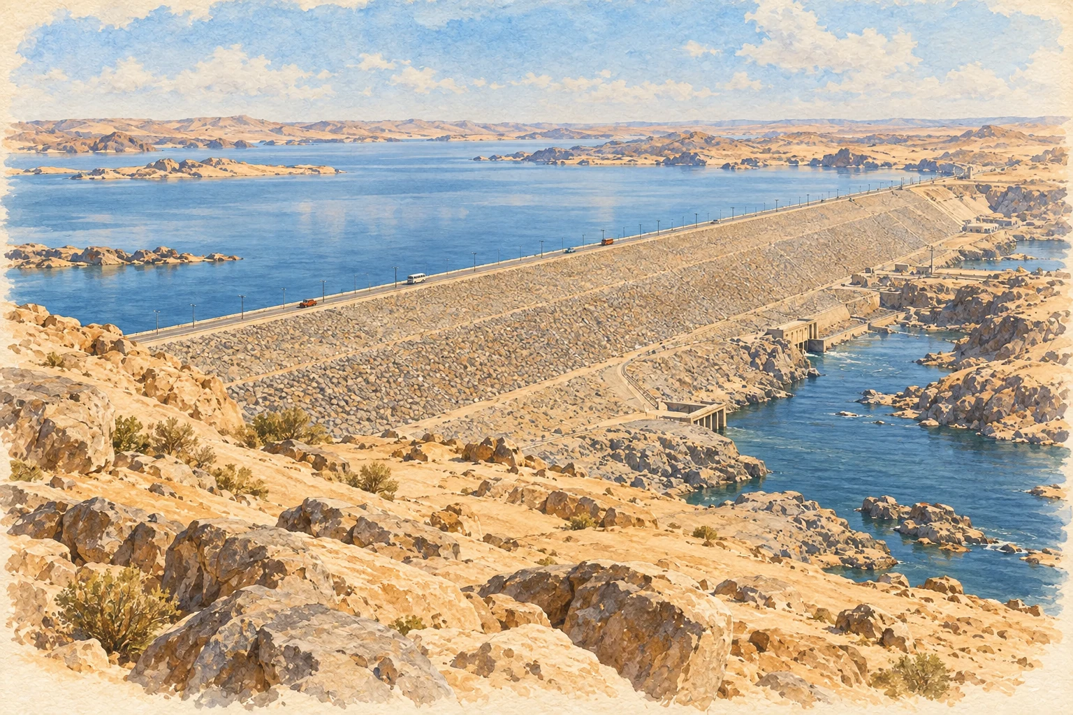 Aquarelle évoquant la longue digue du haut barrage d’Assouan, entre le lac Nasser et le Nil en aval.