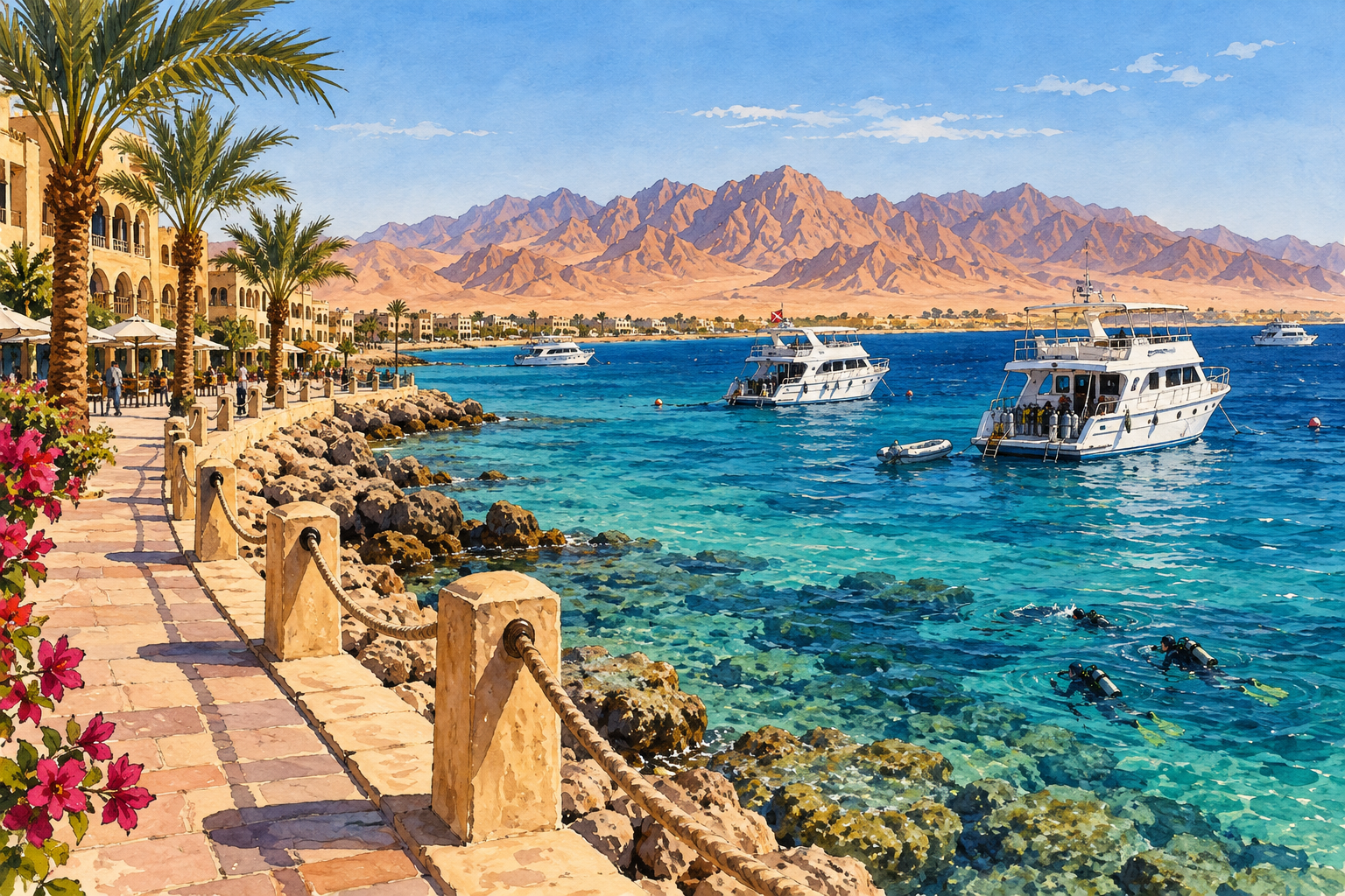 Évocation dessinée de la côte de Hurghada et de bateaux de plongée