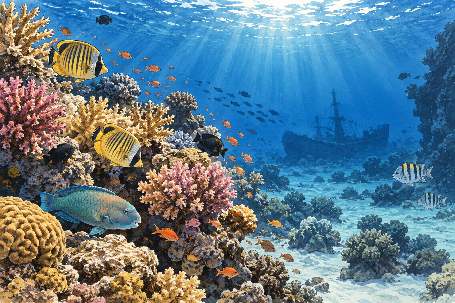 Évocation dessinée de poissons et de coraux dans la mer Rouge