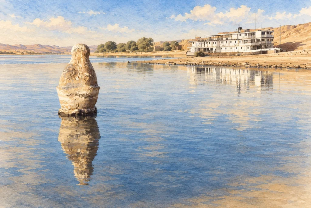 Aquarelle montrant la couronne d’un sphinx presque submergé dans le Nil et un bateau amarré à Ouadi es-Seboua.