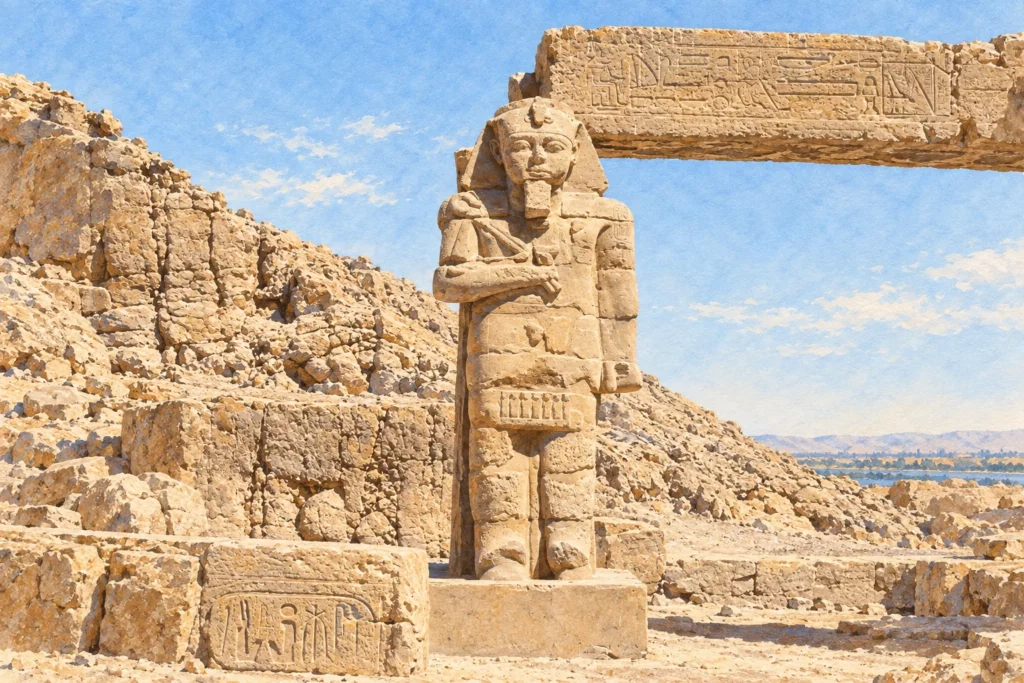 Aquarelle horizontale d’une statue de Ramsès II aux bras croisés, sur son socle dans les ruines de Gerf Hussein.