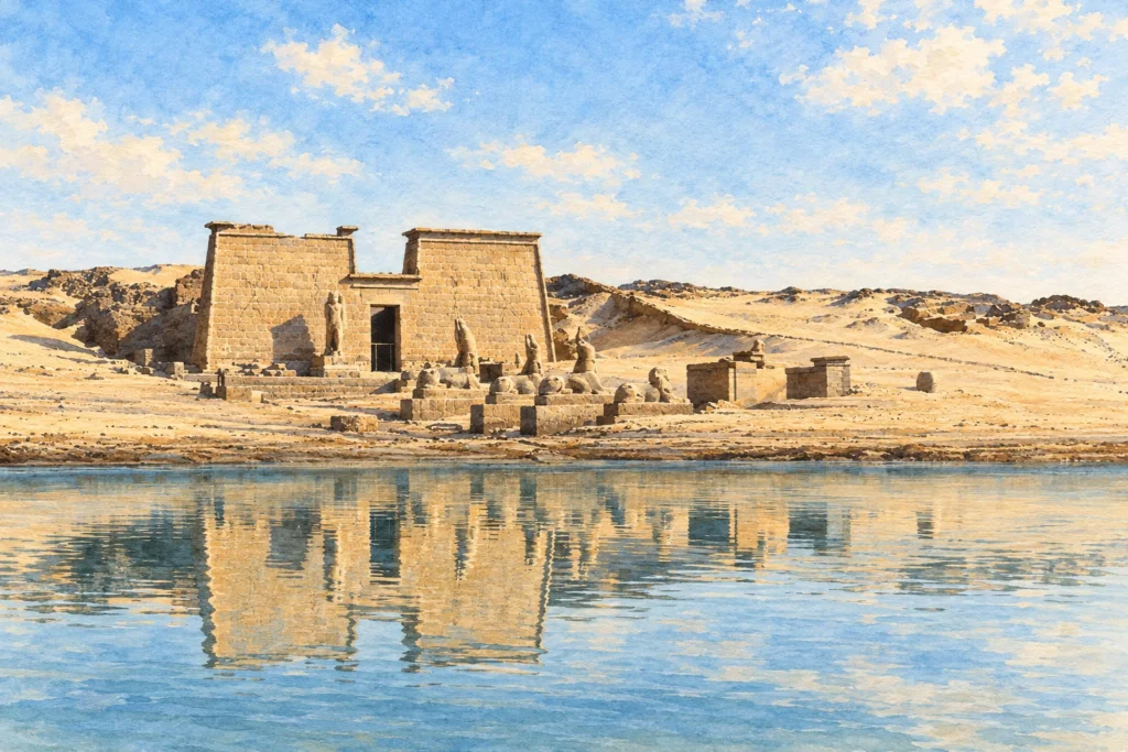 Aquarelle du temple de Ramsès II à Ouadi es-Seboua, de ses statues et sphinx, reflétés dans le Nil.