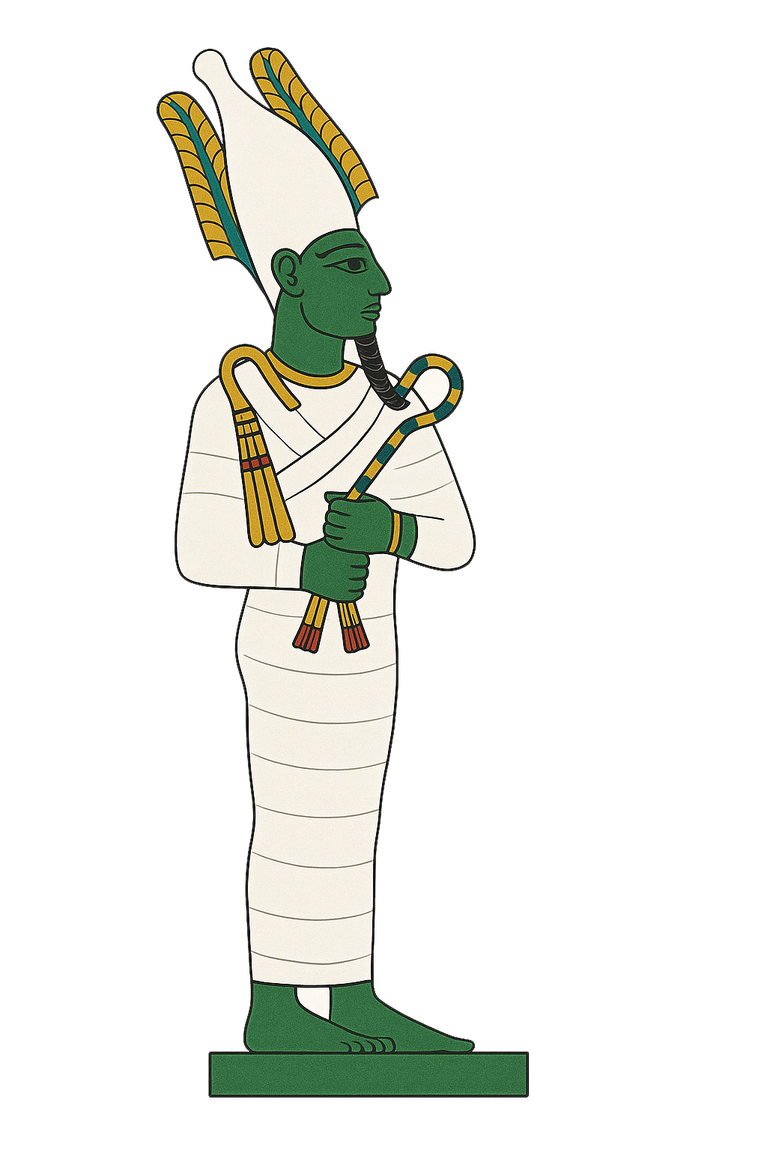 Osiris en pied, dieu momiforme à peau verte, couronne atef et insignes royaux