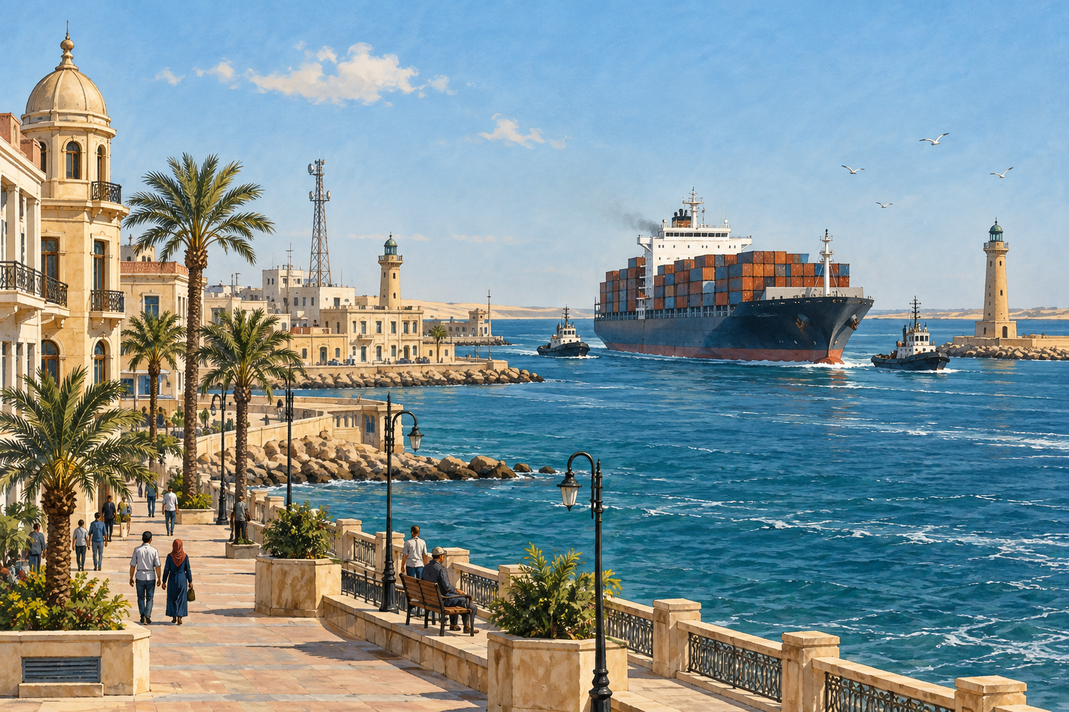Évocation dessinée d’un cargo à l’entrée du canal de Suez à Port-Saïd
