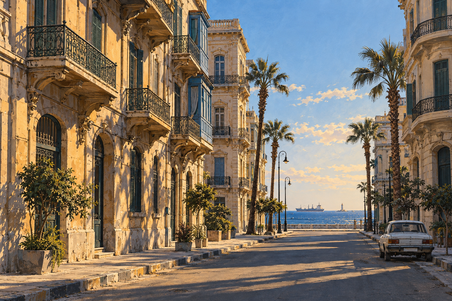 Évocation dessinée de façades à balcons près du front de mer de Port-Saïd