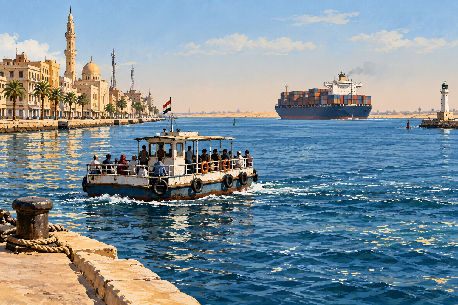 Évocation dessinée d’un ferry local et d’un navire sur le canal de Suez