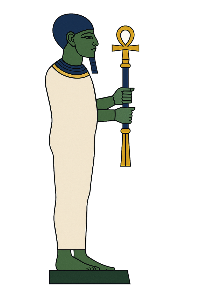 Ptah en pied, dieu enveloppé dans un vêtement ajusté avec calotte et sceptre