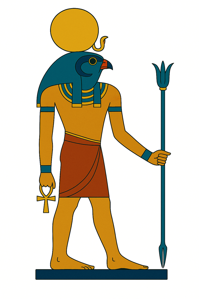 Rê sous la forme de Rê-Horakhty en pied, dieu à tête de faucon coiffé du disque solaire
