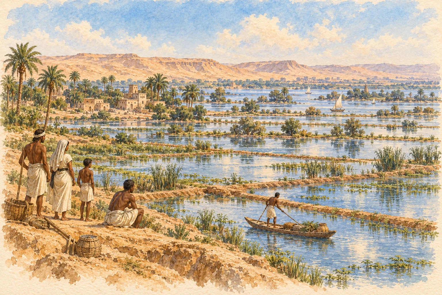 Aquarelle de la vallée du Nil pendant la crue, avec des champs inondés, des digues et un village sur les terres hautes.