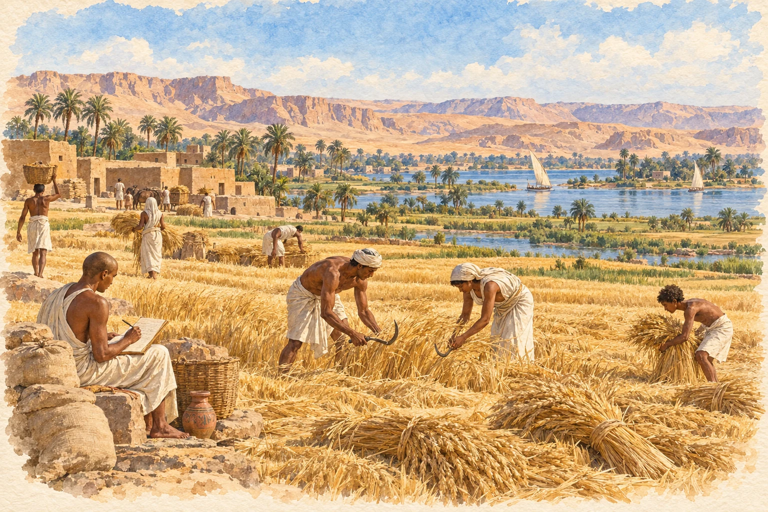 Aquarelle de paysans de l’Égypte ancienne moissonnant des champs dorés près du Nil, avec un scribe assis à côté des sacs de grain.