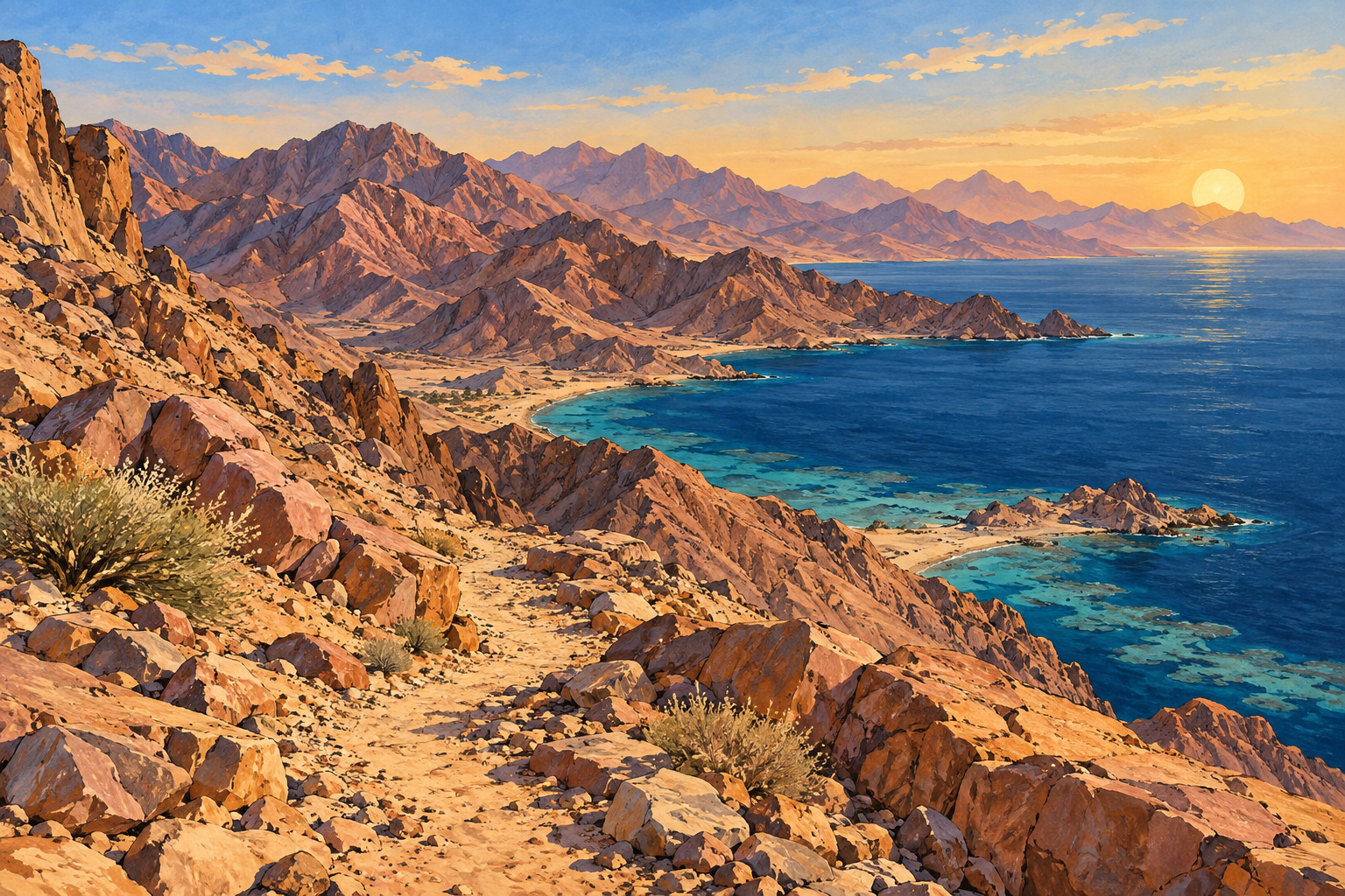 Évocation dessinée du paysage montagneux du Sinaï