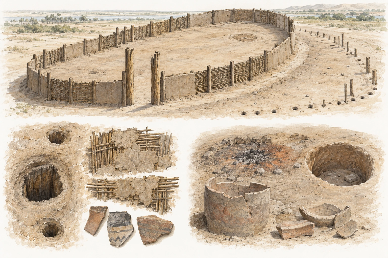 Planche interprétative consacrée à Hiérakonpolis / Nekhen, habitats et sanctuaires