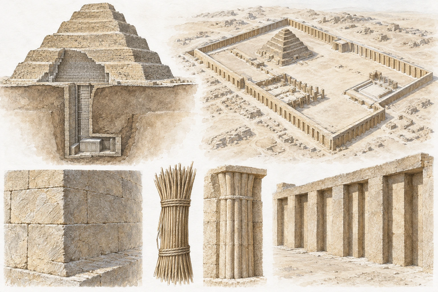 Planche interprétative consacrée à Djéser, pyramide à degrés et complexe funéraire