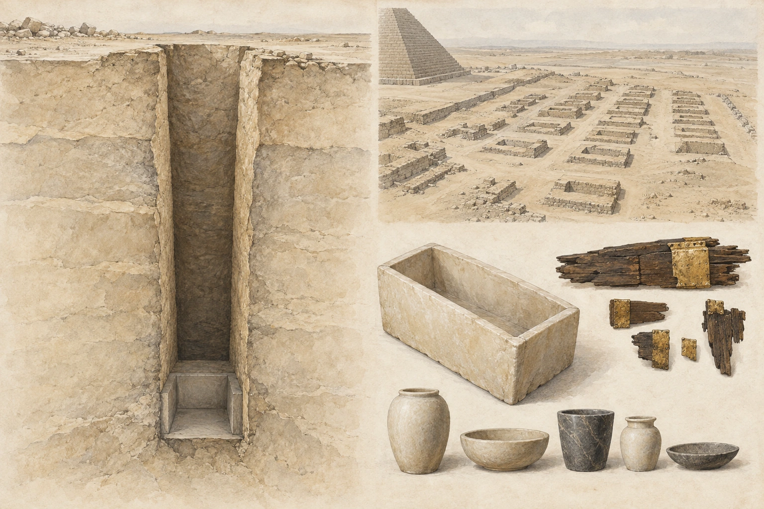 Planche interprétative consacrée à Gizeh, tombes de l’entourage de Khéops et puits d’Hétéphérès