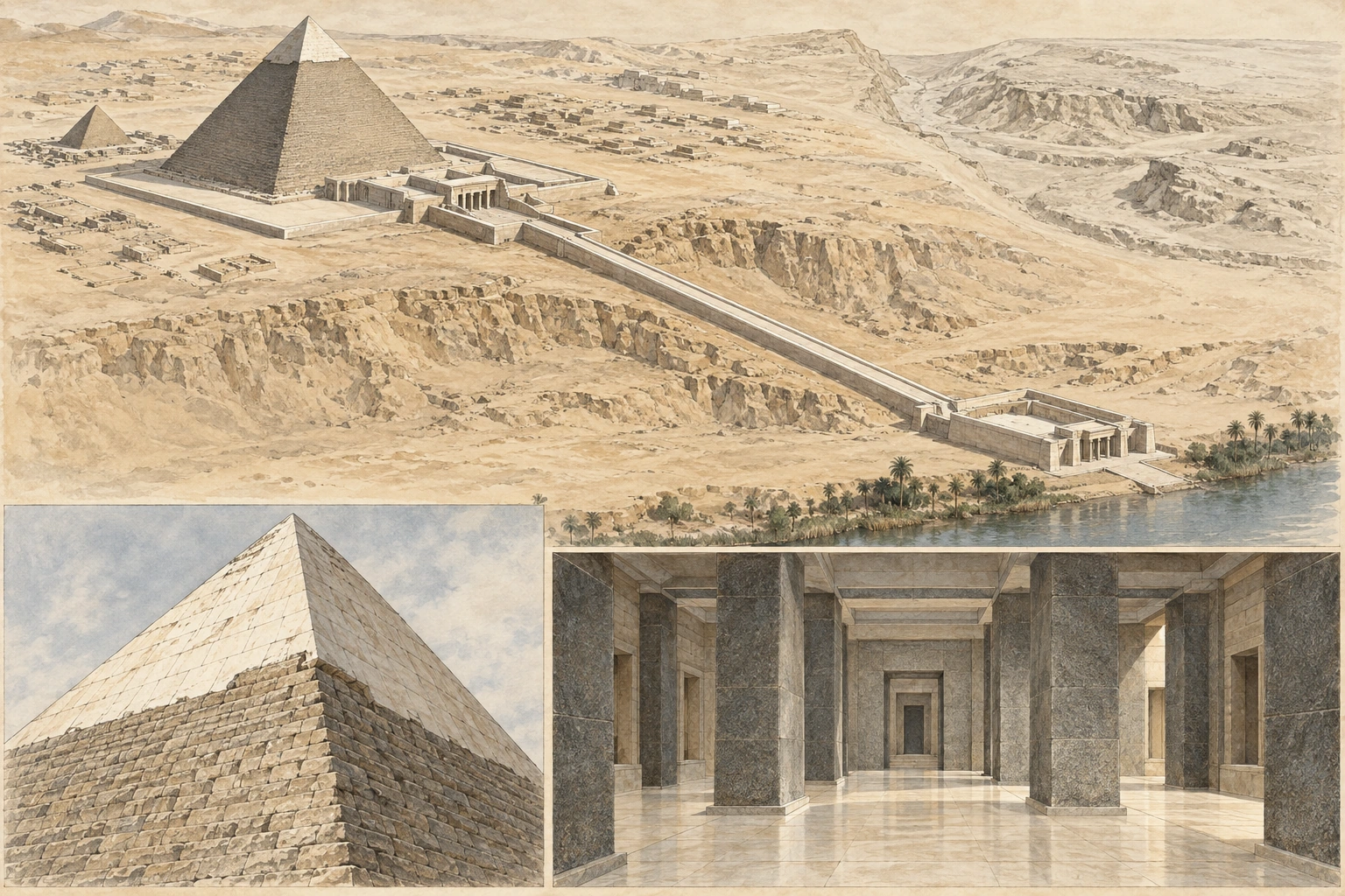 Planche interprétative consacrée à Gizeh, pyramide et temples de Khéphren