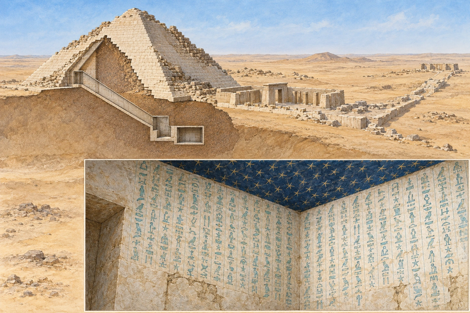 Planche interprétative consacrée à Saqqarah, pyramide d’Ounas et premiers Textes des pyramides