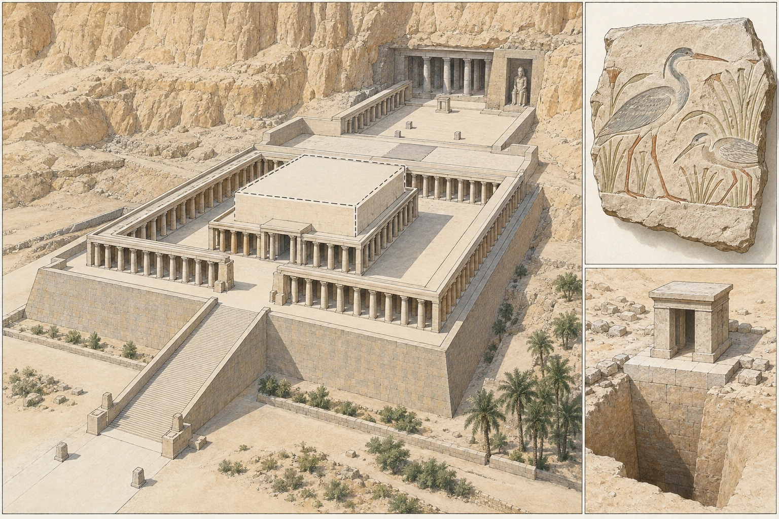 Planche interprétative consacrée à Deir el-Bahari, temple funéraire de Montouhotep II