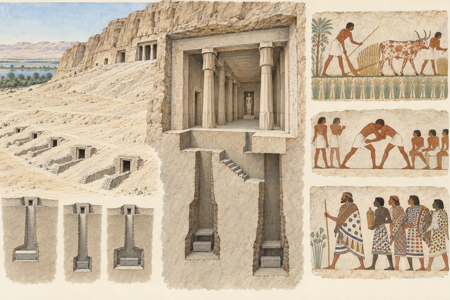 Planche interprétative consacrée à Béni Hassan, tombes des gouverneurs