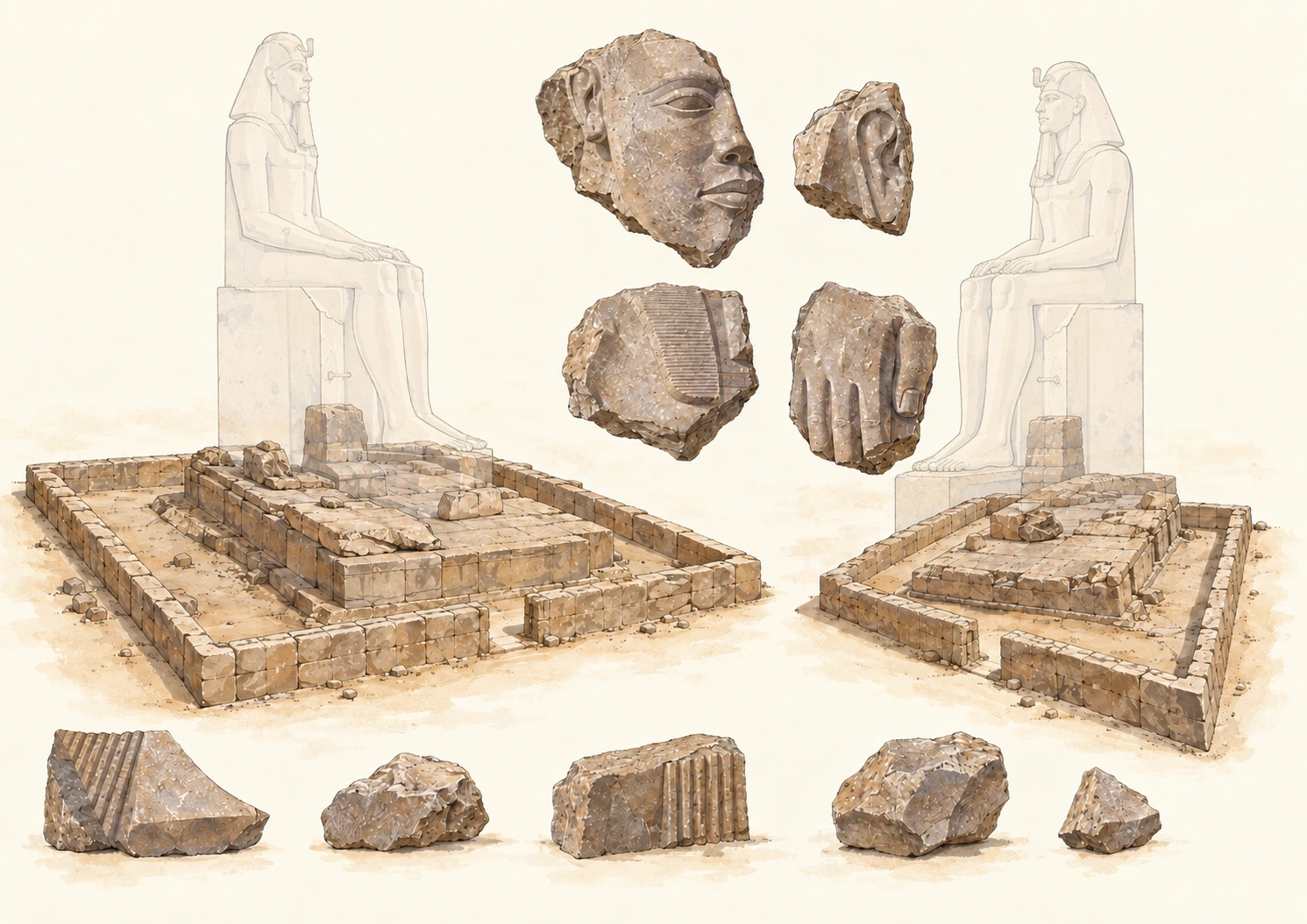 Planche interprétative consacrée à Biahmu, vestiges des colosses d’Amenemhat III