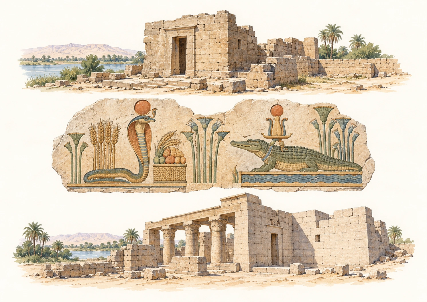 Planche interprétative consacrée à Médinet Madi, premier temple de Sobek et Rénénoutet