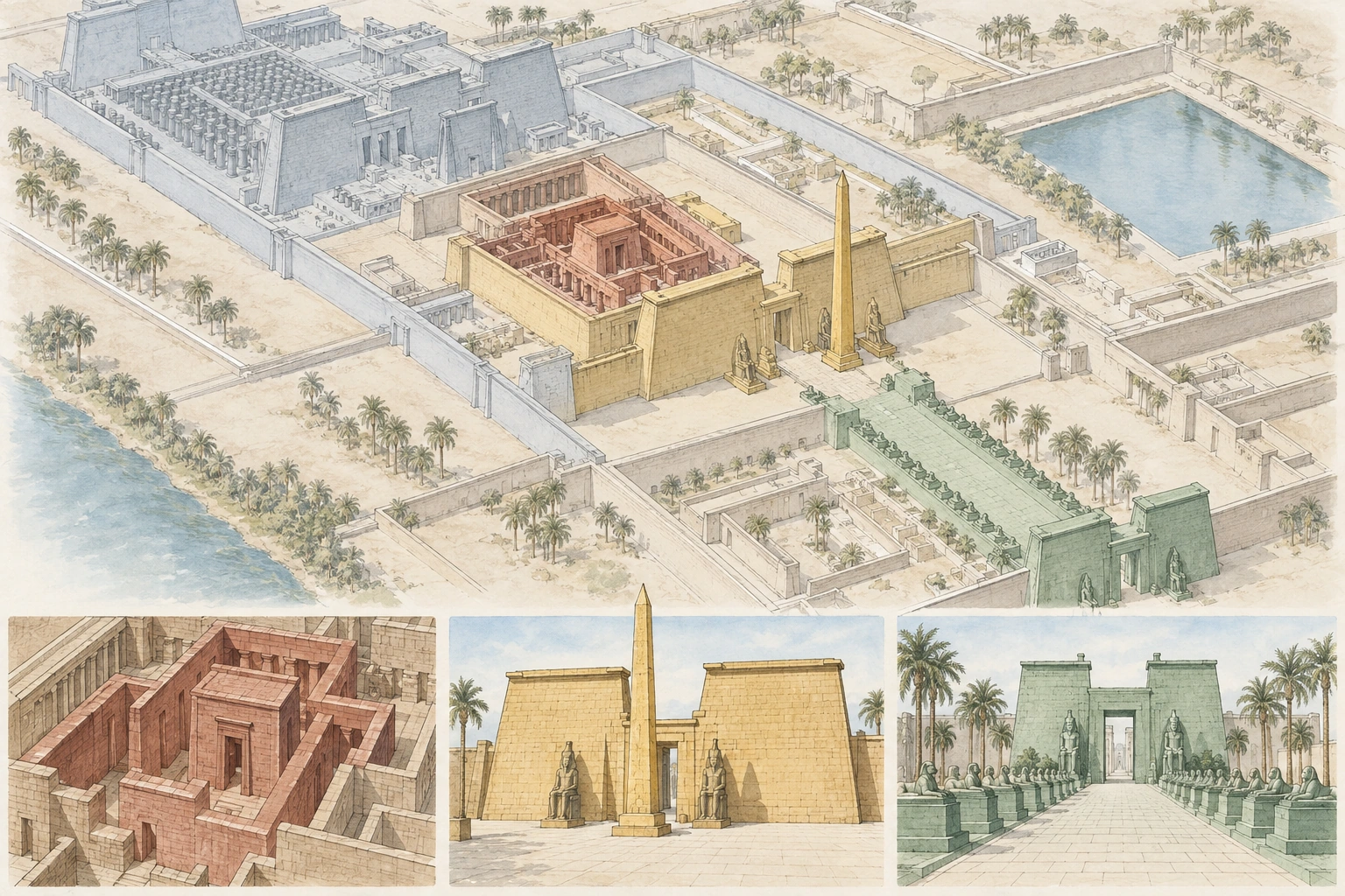 Planche interprétative consacrée à Karnak, temple d’Amon-Rê et agrandissements du Nouvel Empire