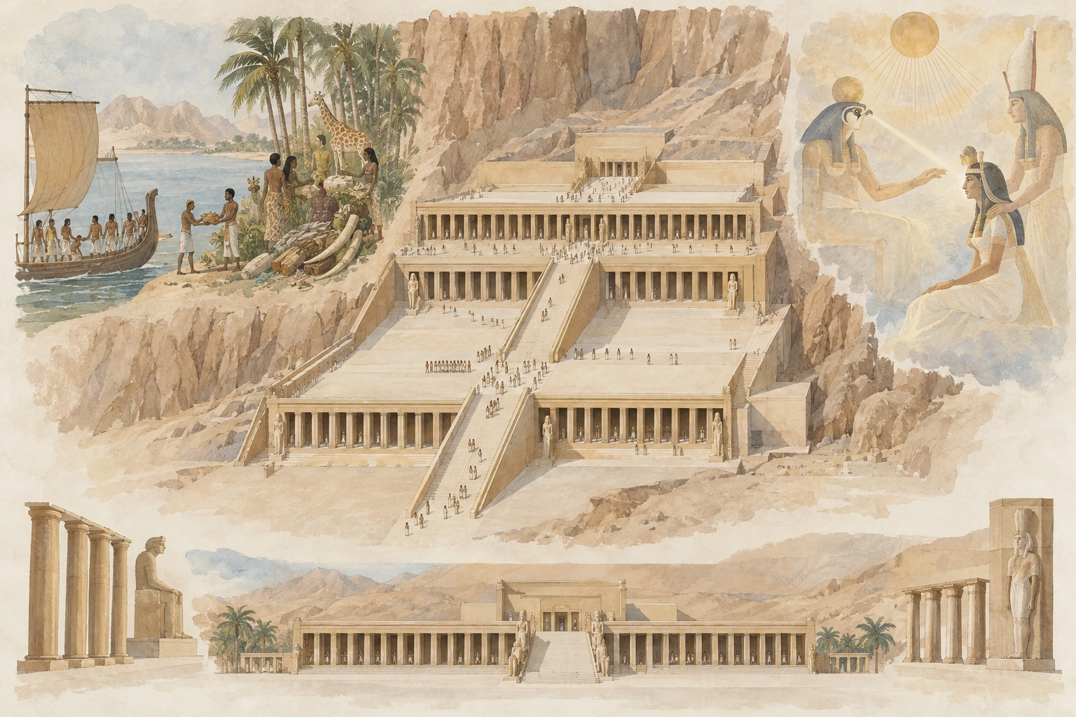 Planche interprétative consacrée à Deir el-Bahari, temple funéraire d’Hatchepsout