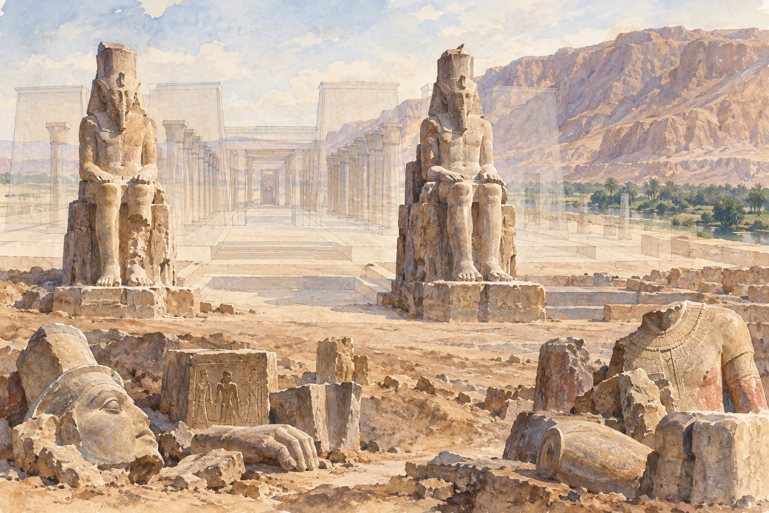 Planche interprétative consacrée à Kôm el-Hettan, temple funéraire d’Amenhotep III et colosses de Memnon