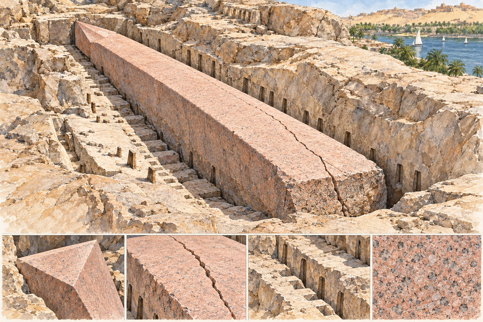 Planche interprétative consacrée à Assouan, carrières de granit et obélisque inachevé