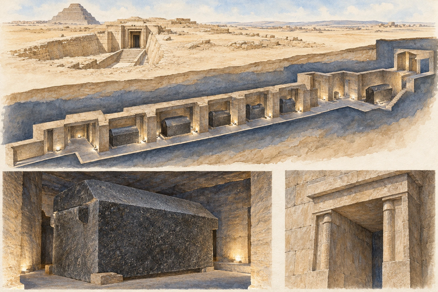 Planche interprétative consacrée à Saqqarah, galeries du Sérapéum des taureaux Apis