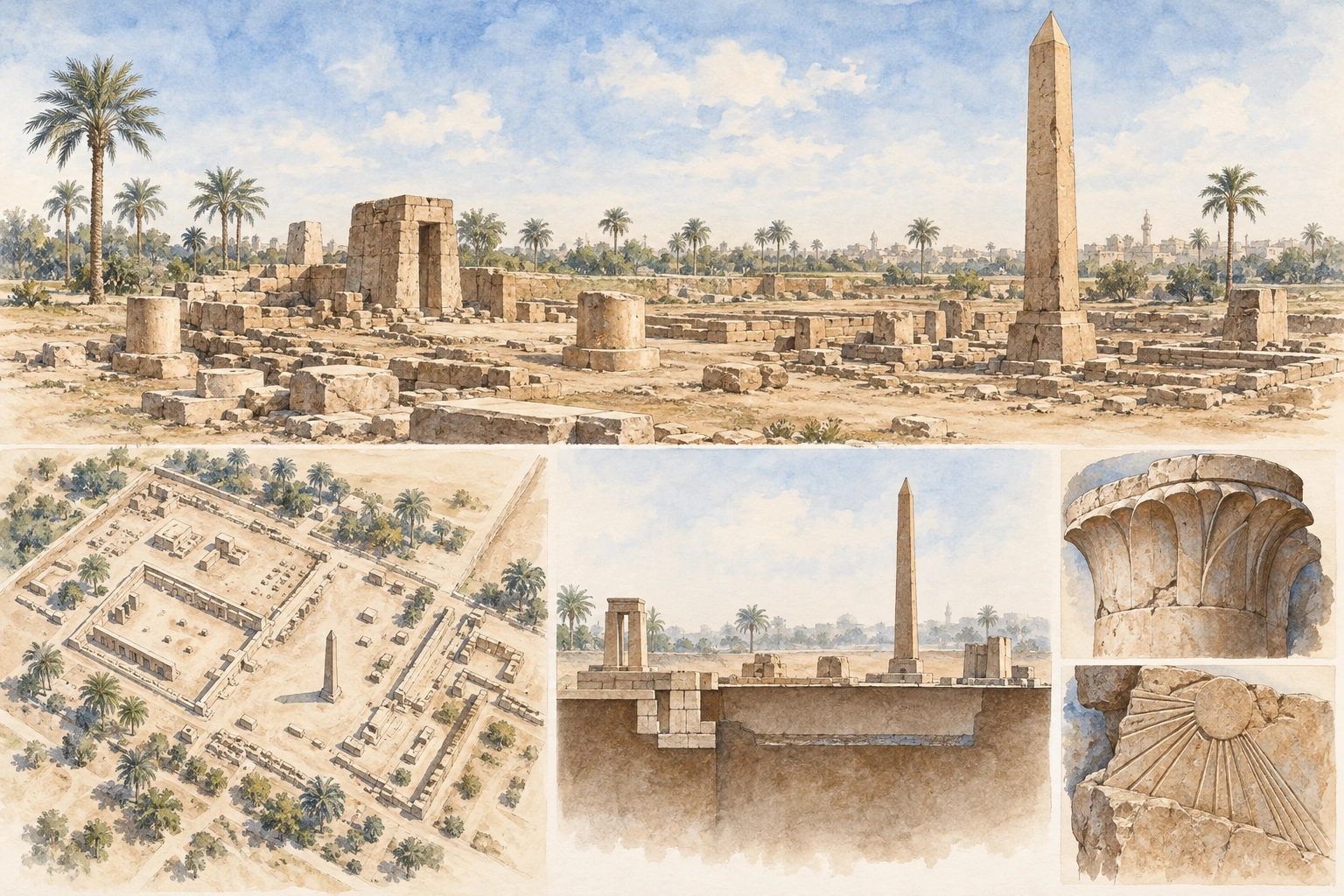 Planche interprétative consacrée à Héliopolis / Matariya, vestiges du grand sanctuaire solaire
