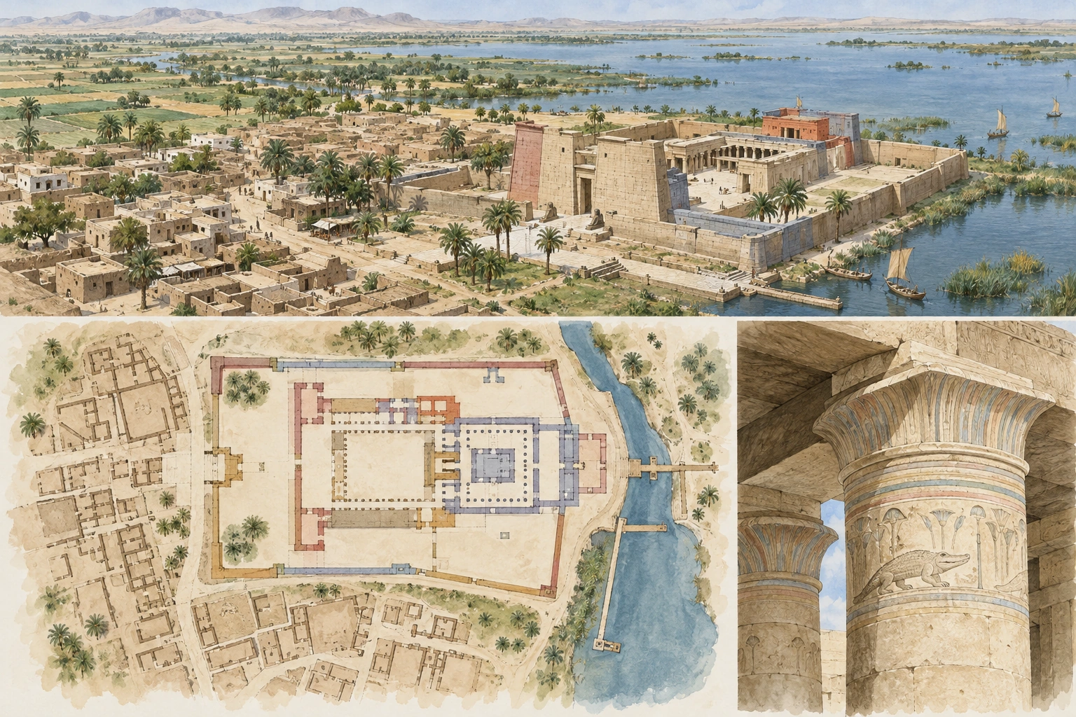 Planche interprétative consacrée à Tebtynis, temple de Sobek et village