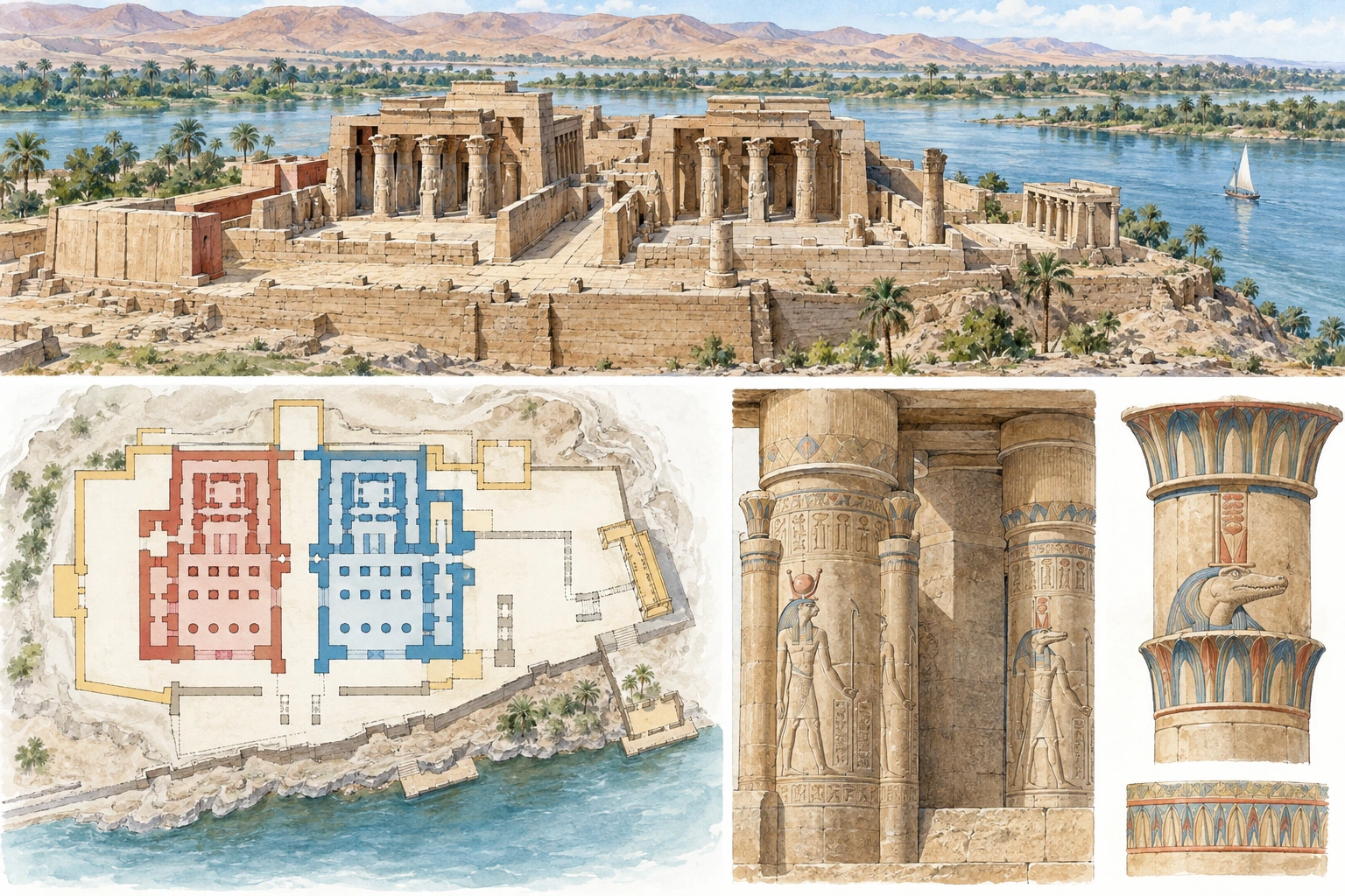 Planche interprétative consacrée à Kôm Ombo, double temple de Sobek et Haroëris