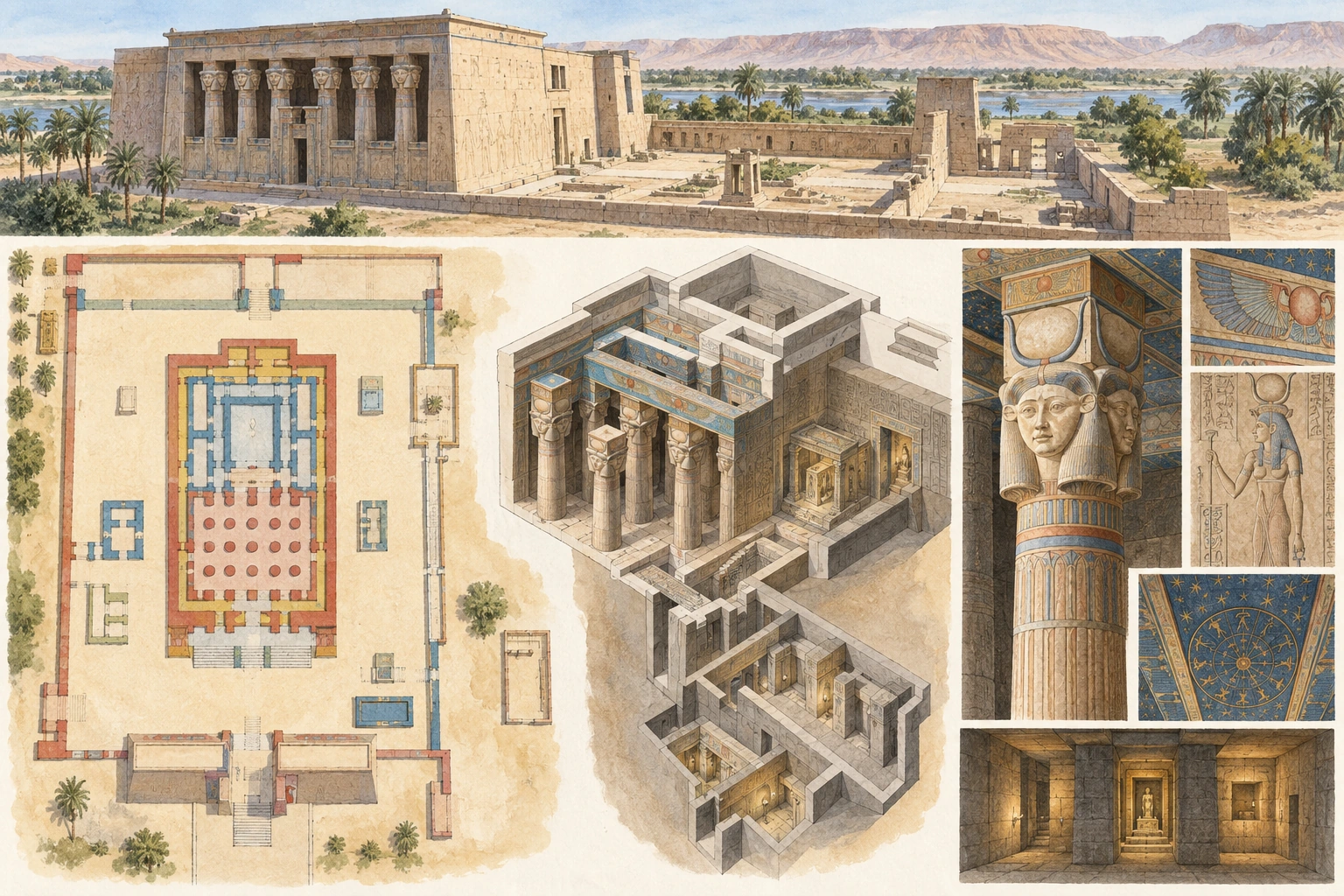 Planche interprétative consacrée à Dendérah, grand temple d’Hathor