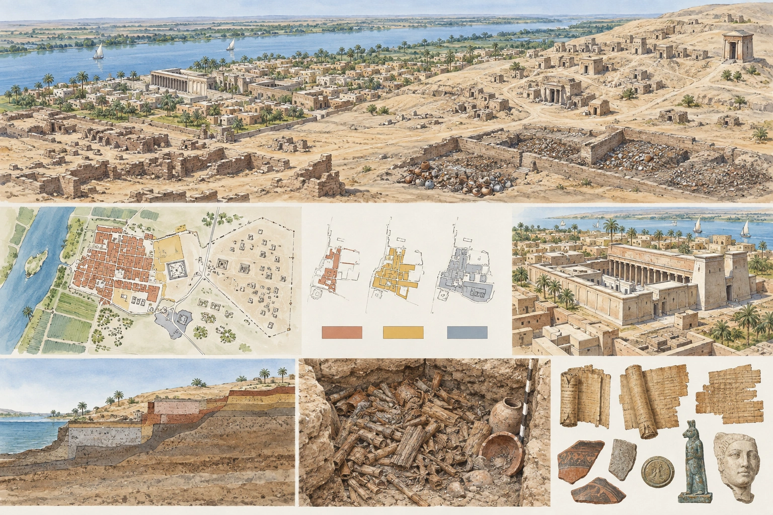 Planche interprétative consacrée à Oxyrhynque / El-Bahnasa, ville et nécropoles