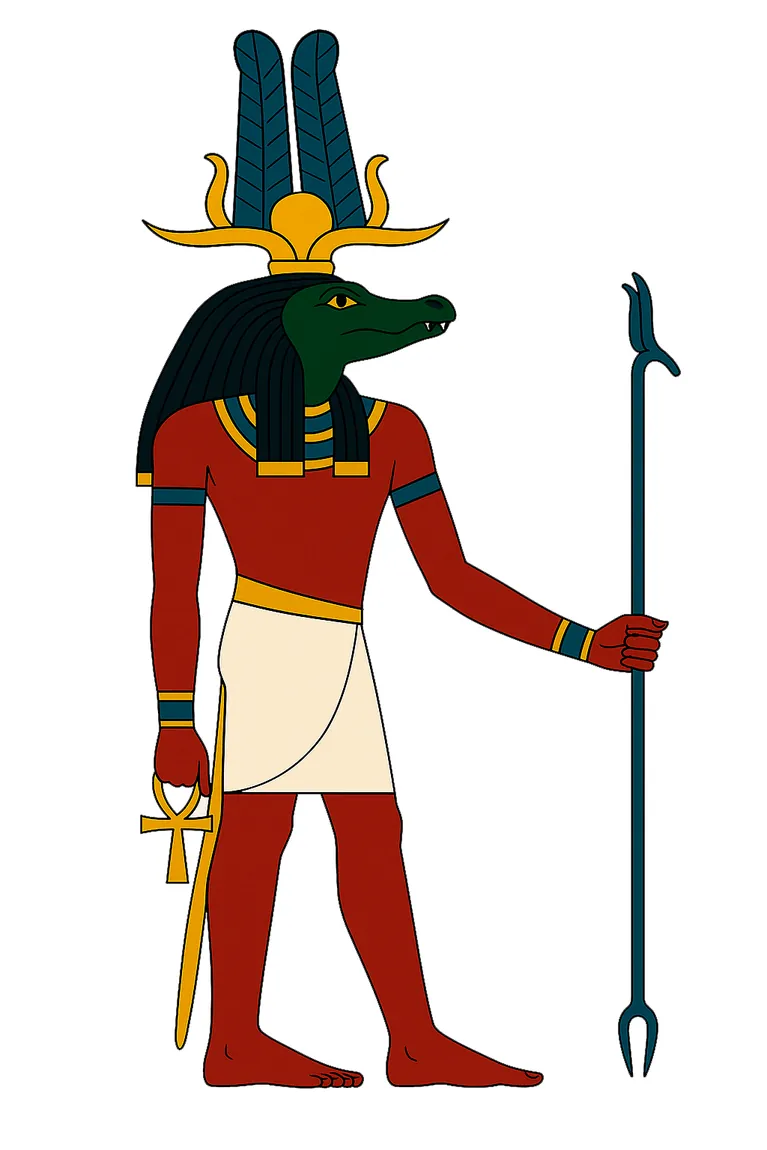 Sobek en pied, dieu à tête de crocodile coiffé de deux hautes plumes, tenant le sceptre ouas et la croix ankh