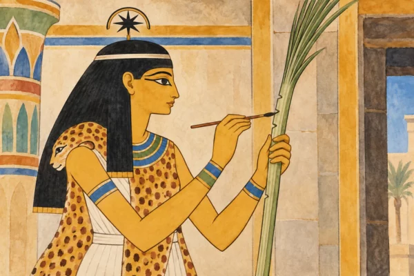 Seshat inscrit une marque sur une nervure de palme, vêtue d’une peau de panthère.